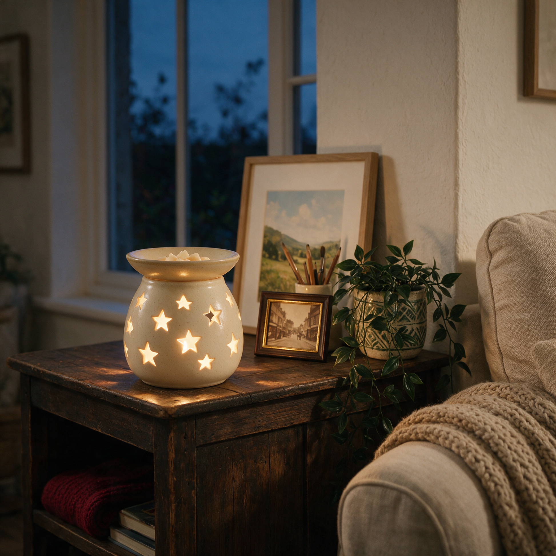The Melt star cutout wax warmer glowing on a living room sideboard
