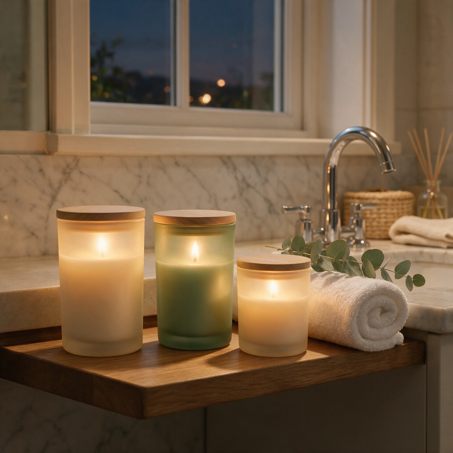 The Retreat candles with wooden lids styled on a bathroom shelf