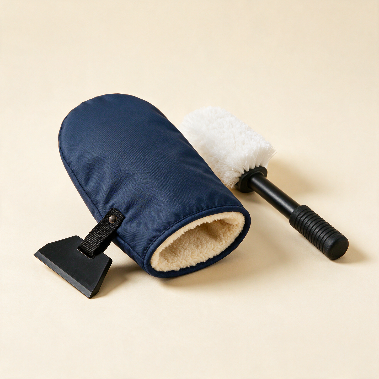 FrostMitt navy mitt with black scraper and white bristle snow brush