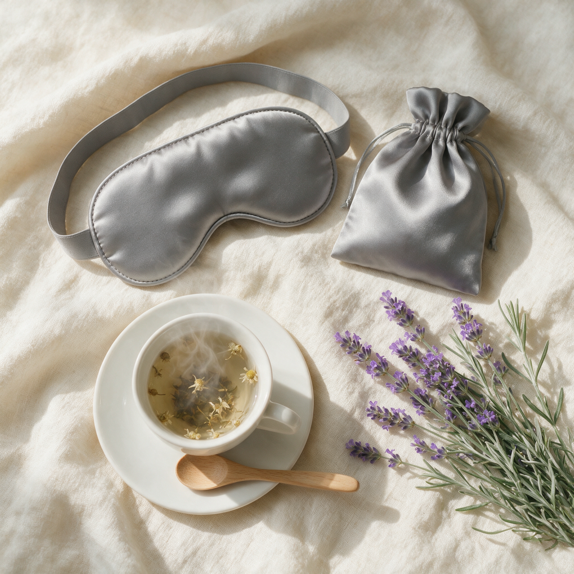 DreamShade eye mask styled flat lay with pouch, tea and lavender