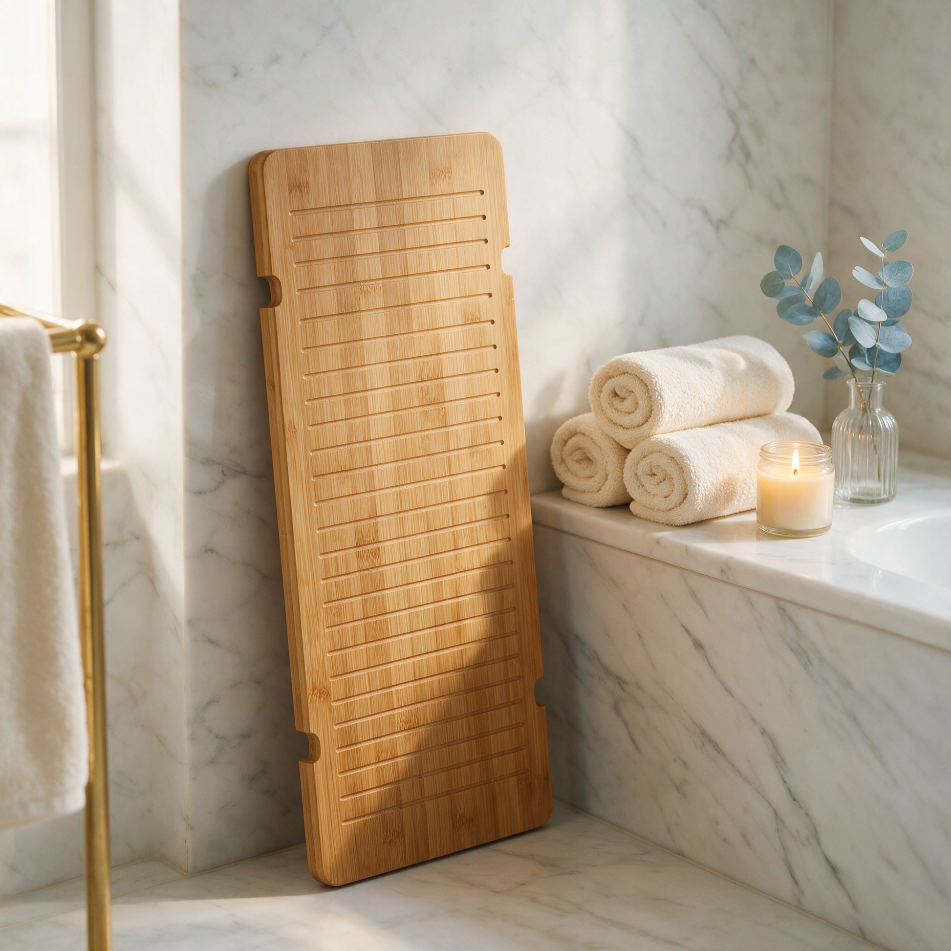 The Soak bamboo tray leaning against a bathroom wall with towels