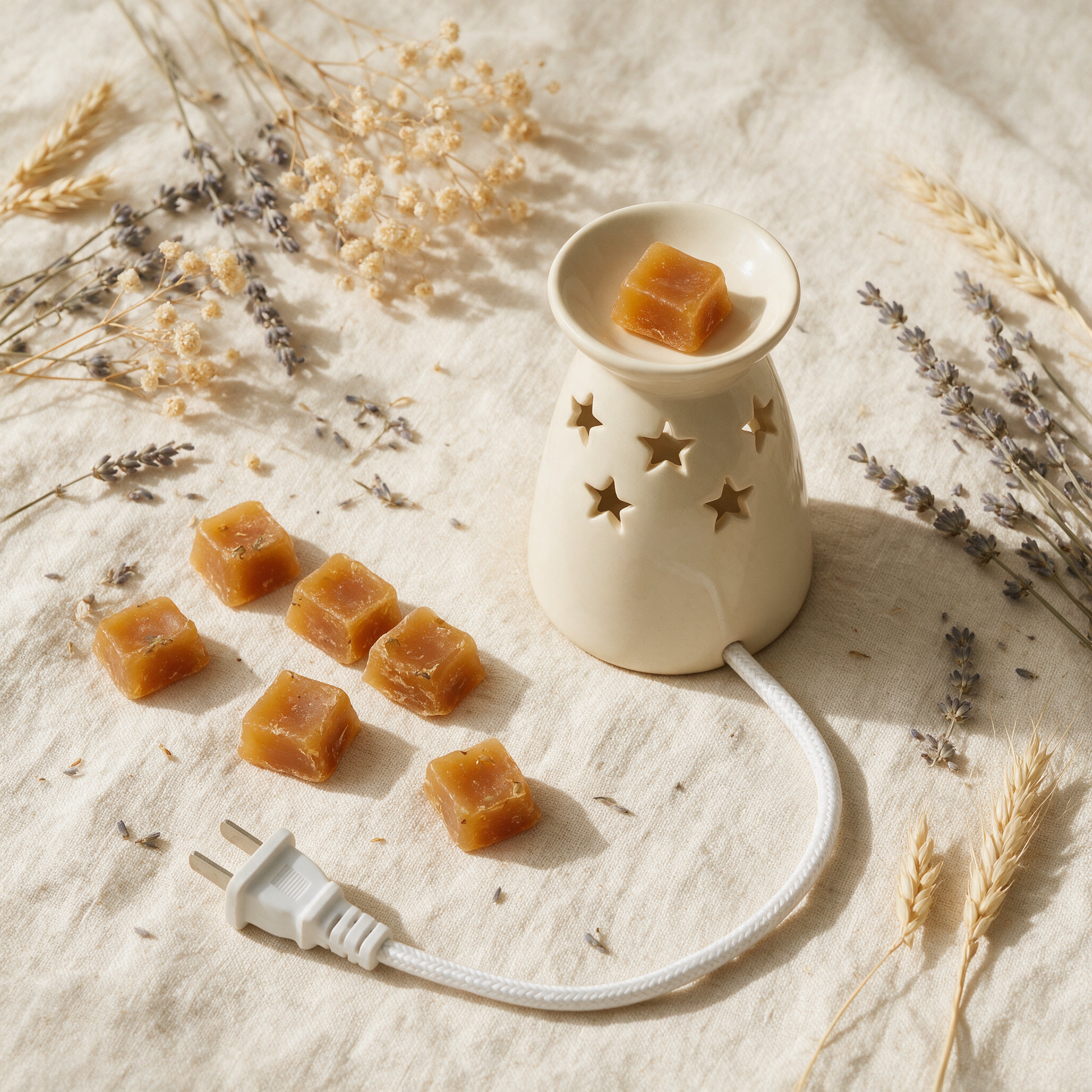 The Melt wax warmer flat lay with amber wax cubes and dried flowers
