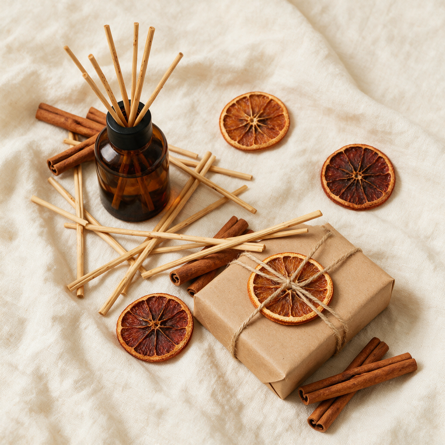 The Haven diffuser flat lay with kraft box, orange slices and cinnamon