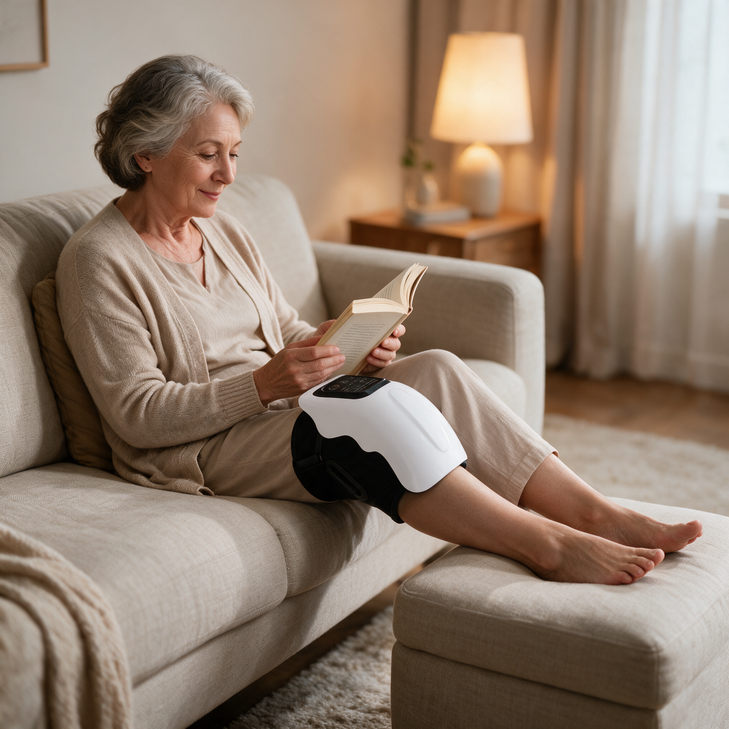 Woman relaxing on a sofa wearing the KneeEase knee massager