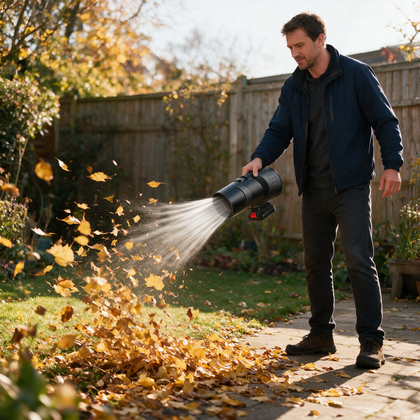 Man clearing autumn leaves with the LeafEase blower
