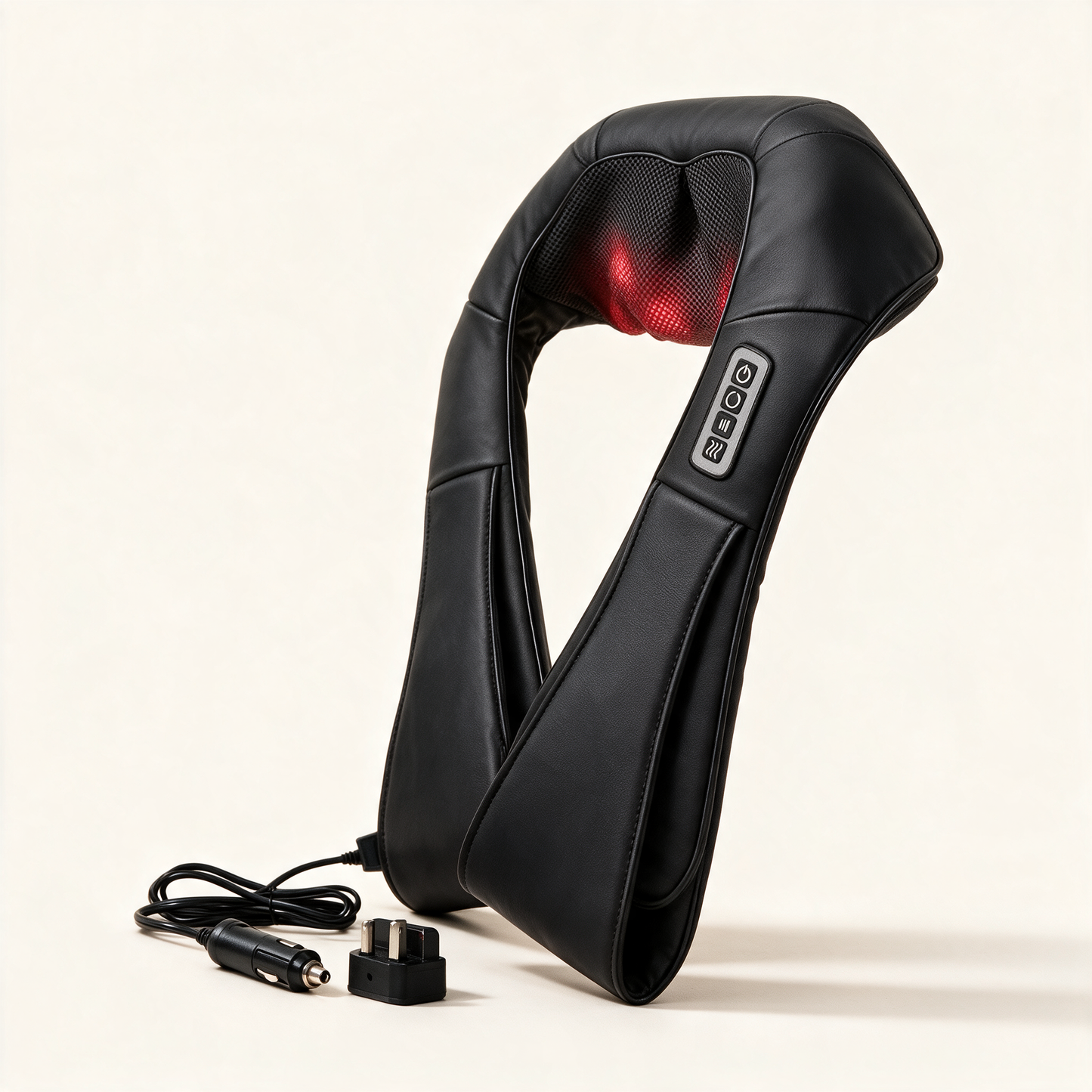 ShiatsuEase massager at an angle with car plug and UK adapter