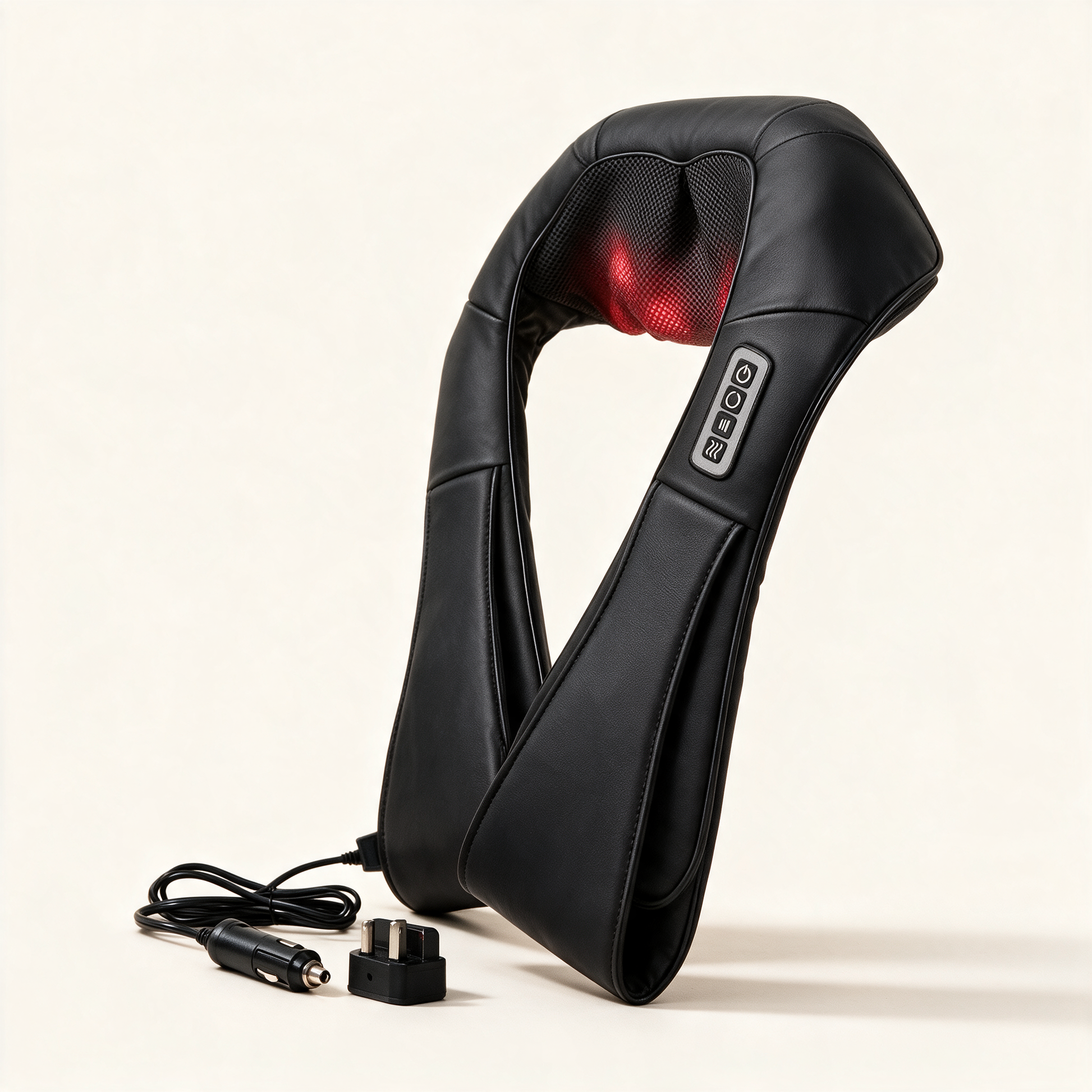 ShiatsuEase massager at an angle with car plug and UK adapter