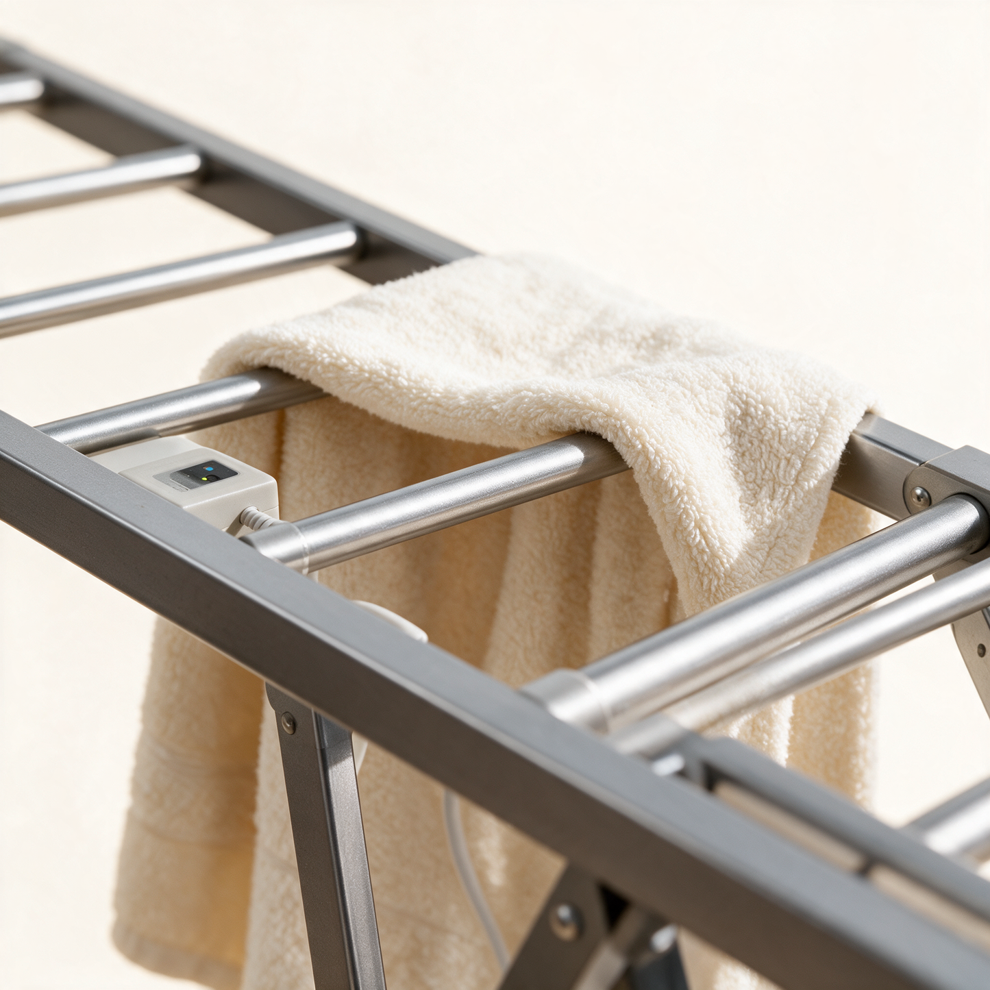 Close-up of the DryEase heated aluminium bars with a towel