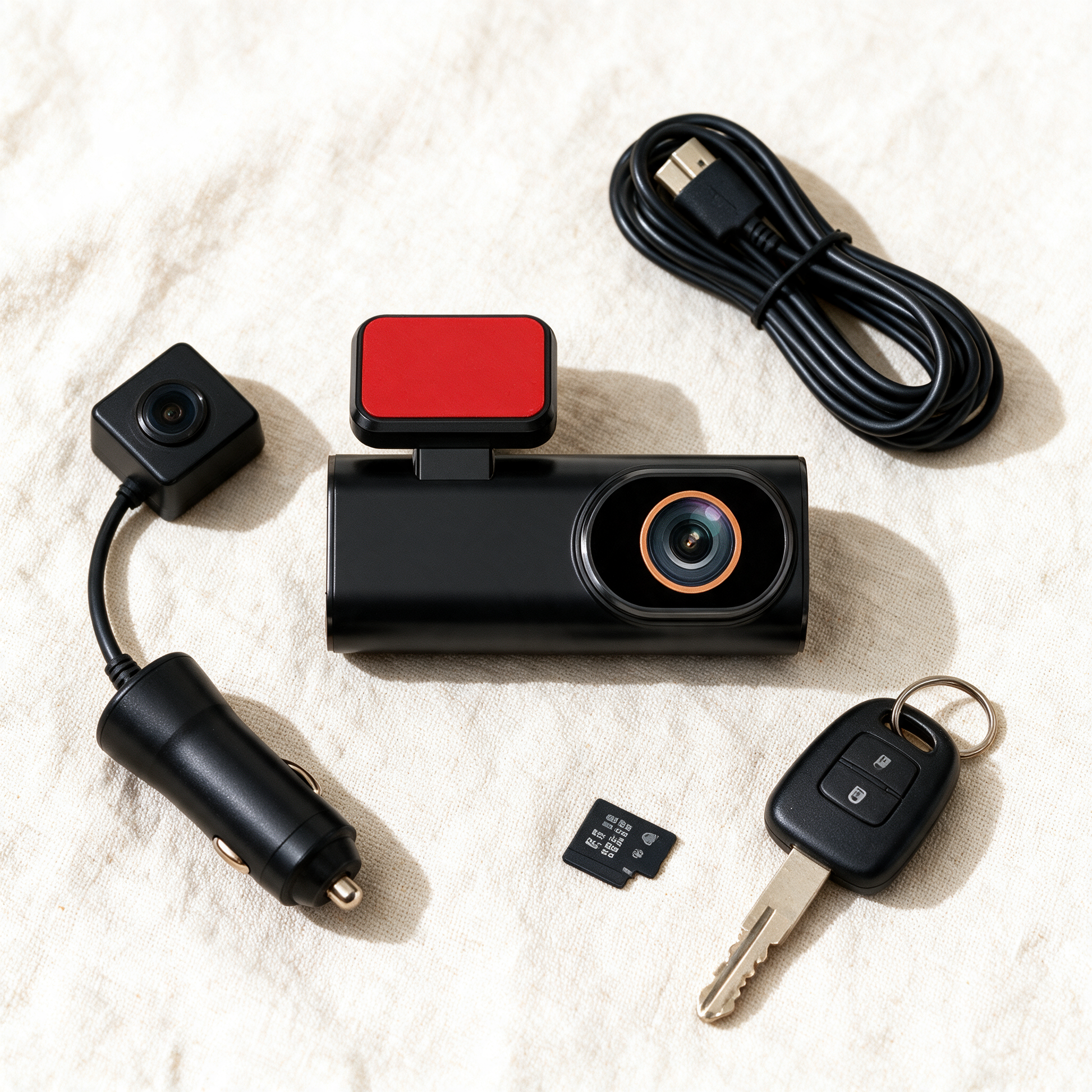 RoadEye dash cam flat lay with car charger, cable, microSD and keys
