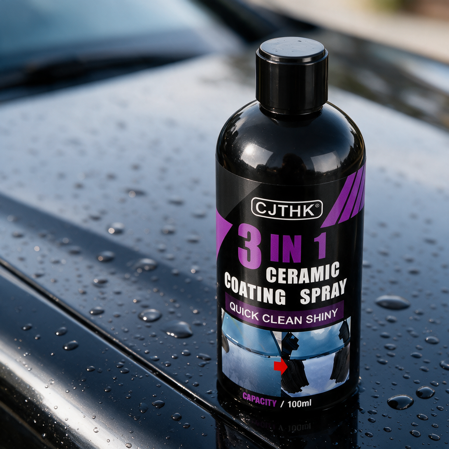 GlossGuard coating spray bottle on a glossy car bonnet with water beading