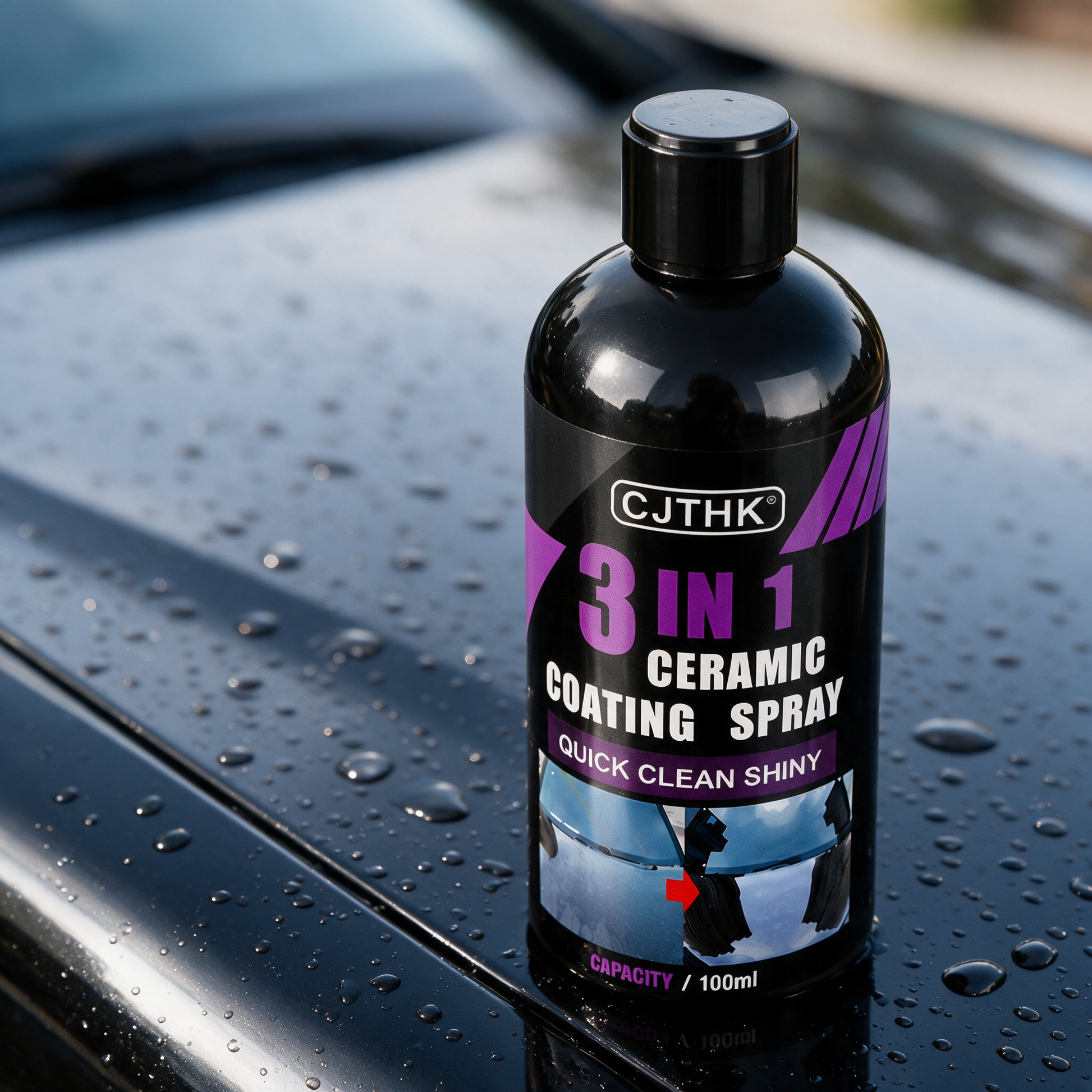 GlossGuard coating spray bottle on a glossy car bonnet with water beading