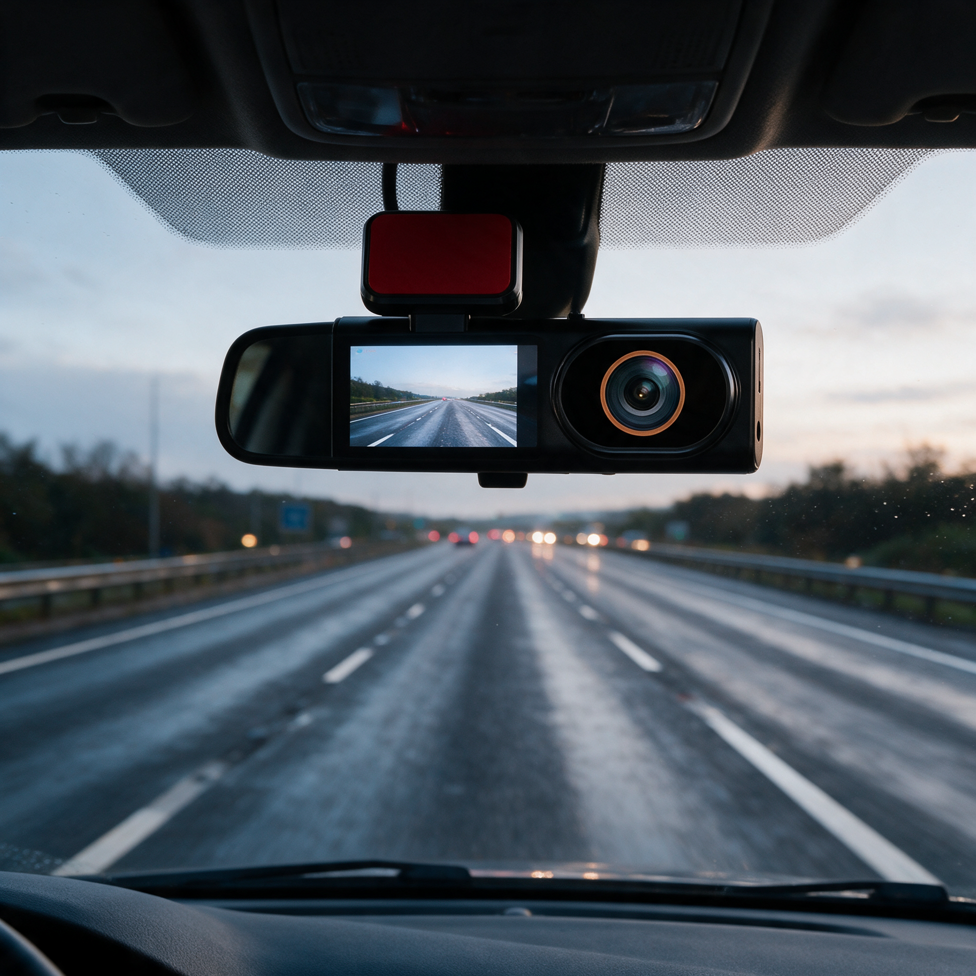 RoadEye dash cam mounted on a windscreen at dusk
