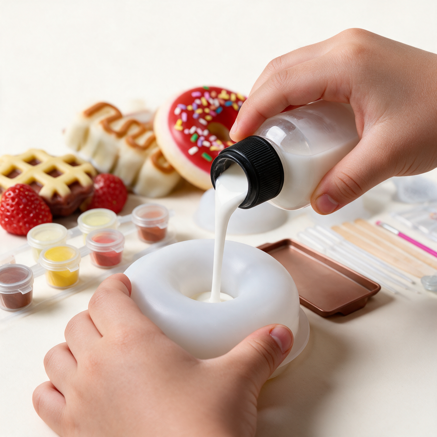 Pouring SquishLab gel into the donut mould
