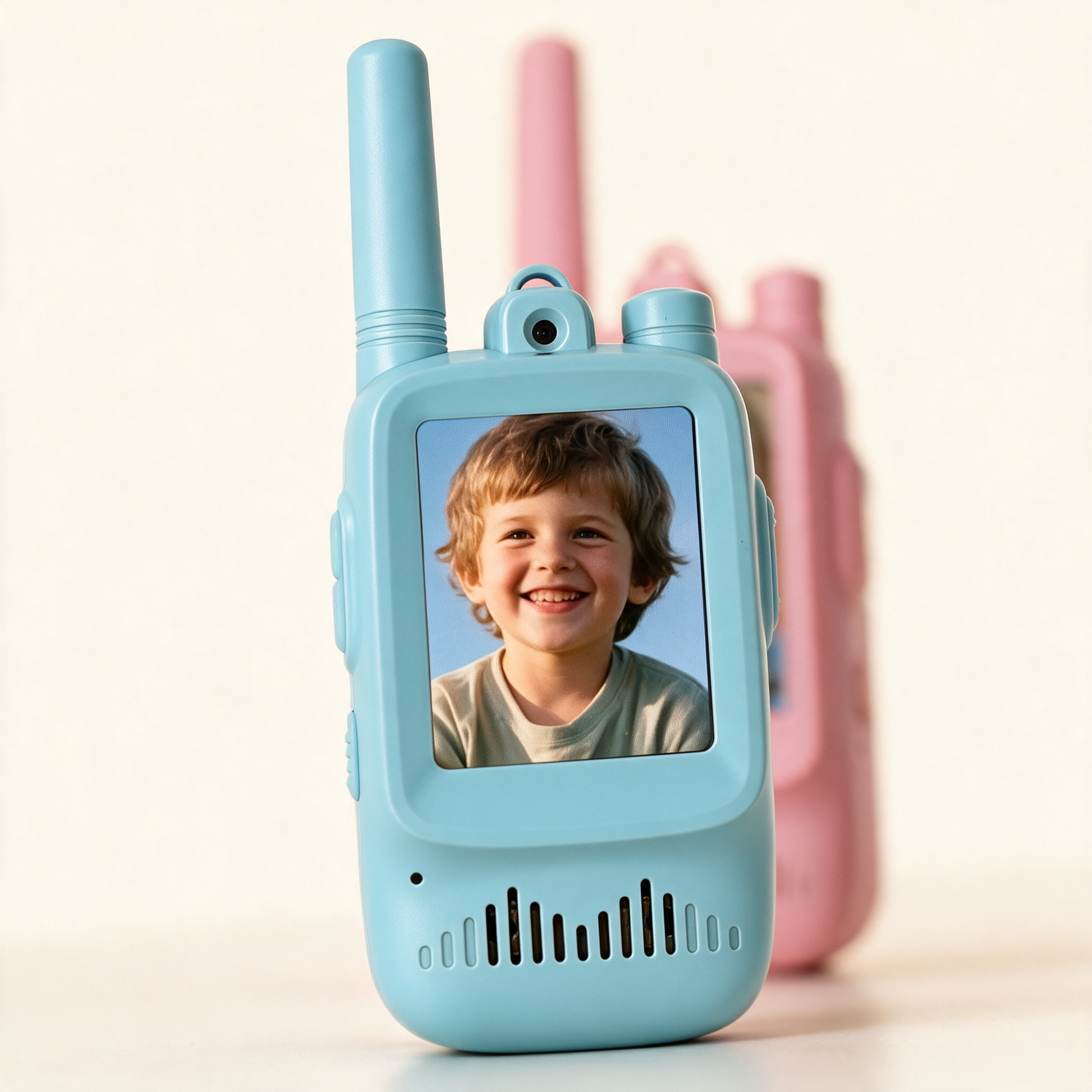 Close-up of the blue TalkieTwins screen on a video call