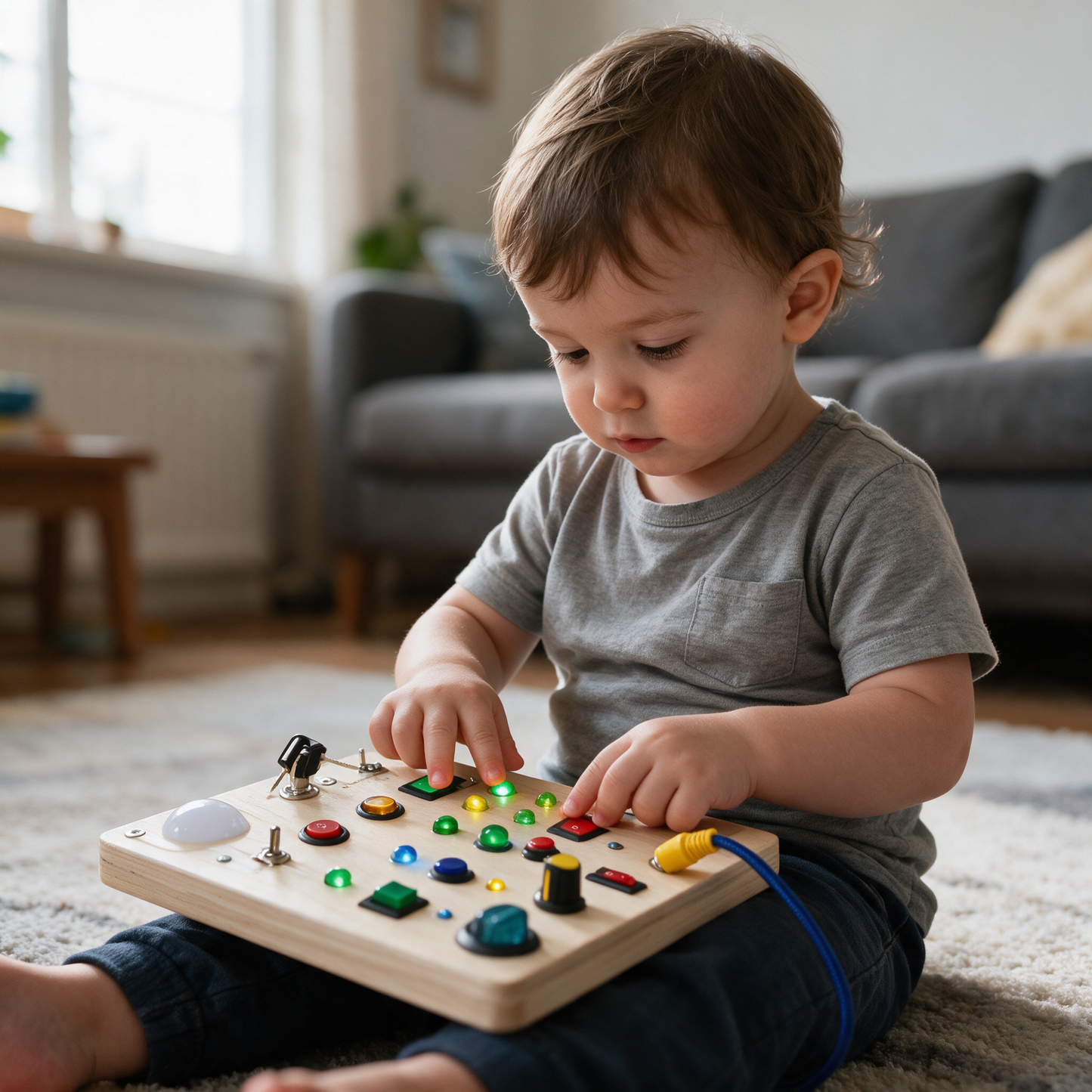 Toddler playing with the BusyBoard on a living room rug
