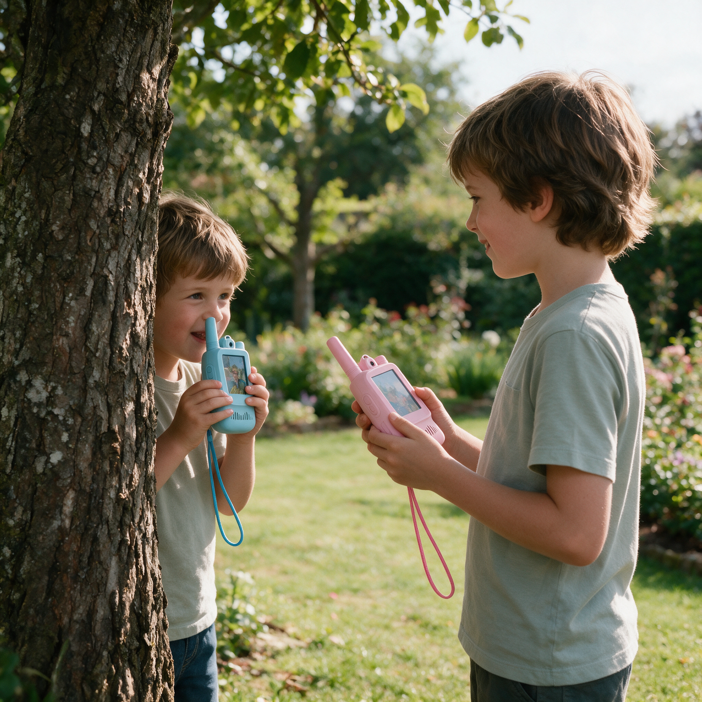 Two children playing in the garden with TalkieTwins