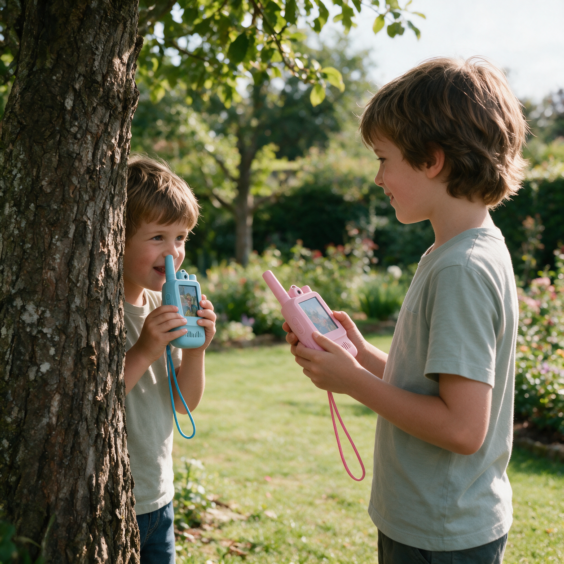 Two children playing in the garden with TalkieTwins