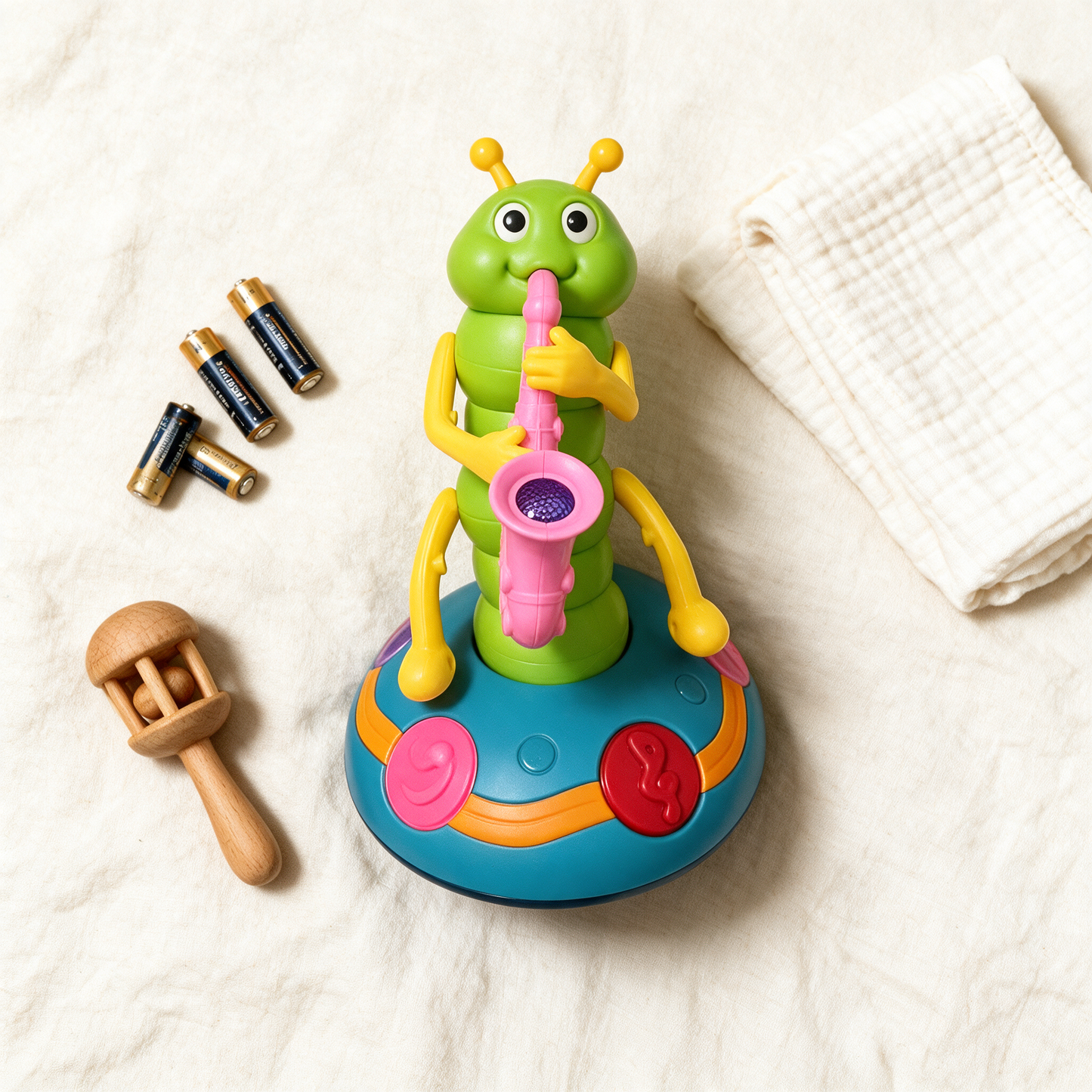 WiggleBug flat lay with batteries, rattle and muslin