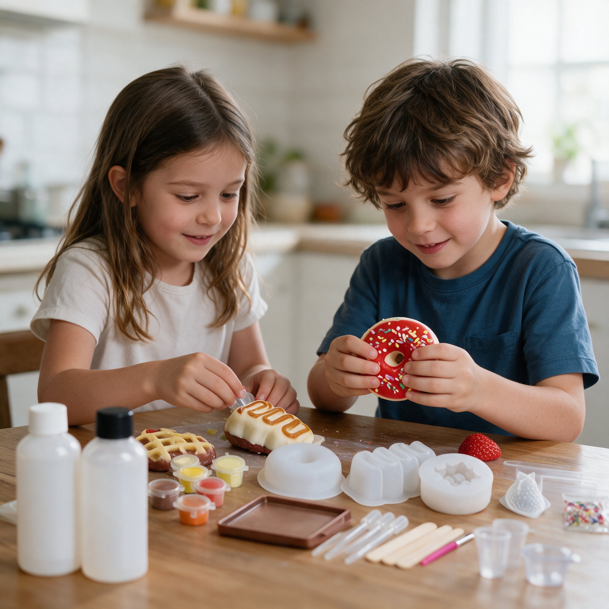 Two children making squishies with the SquishLab kit