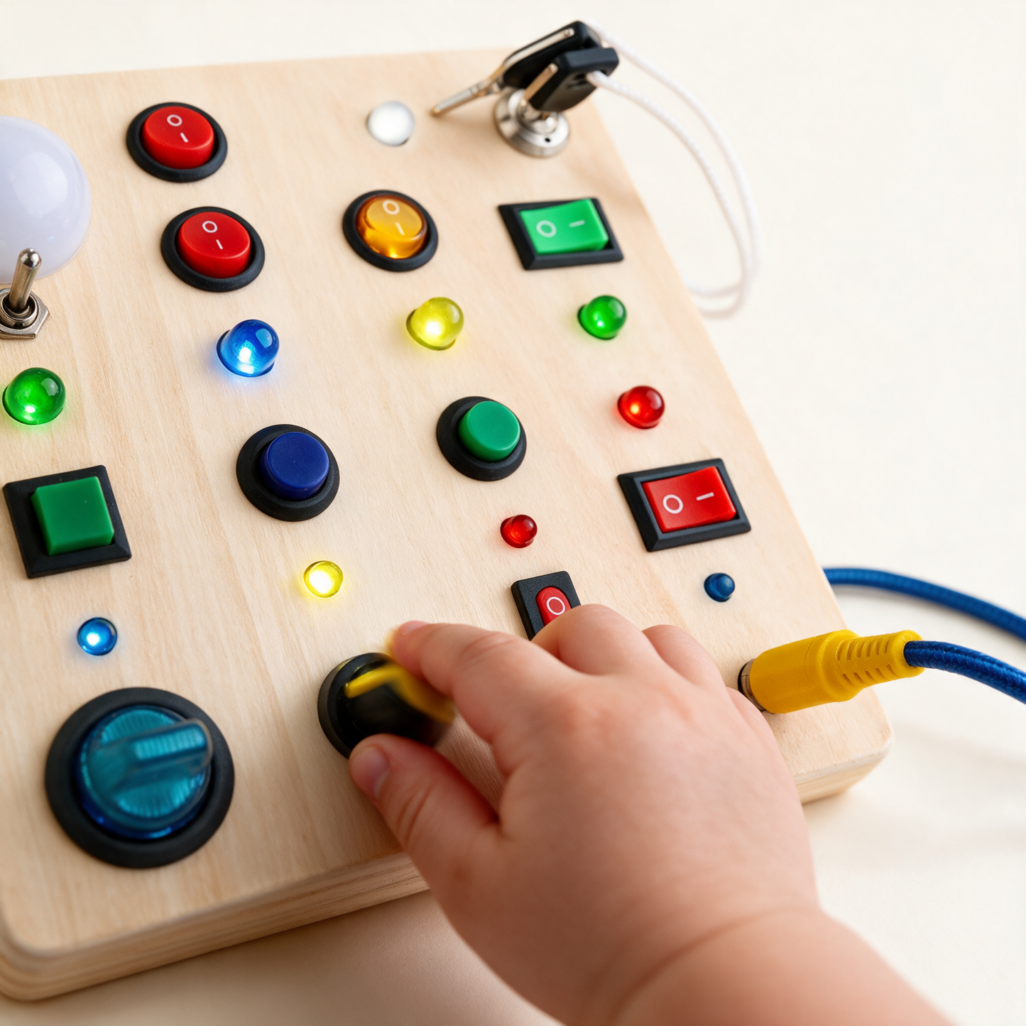 Toddler flicking a toggle switch on the BusyBoard