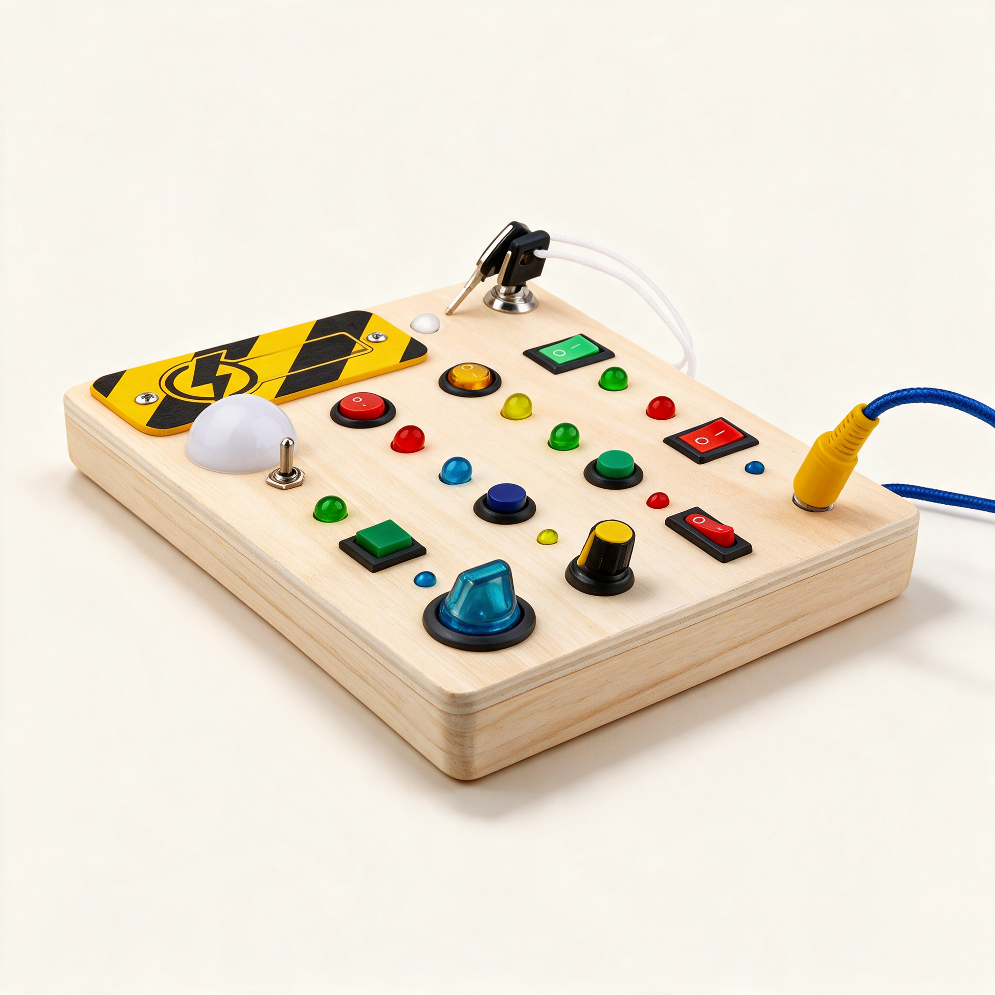 BusyBoard at an angle showing switches and lit buttons