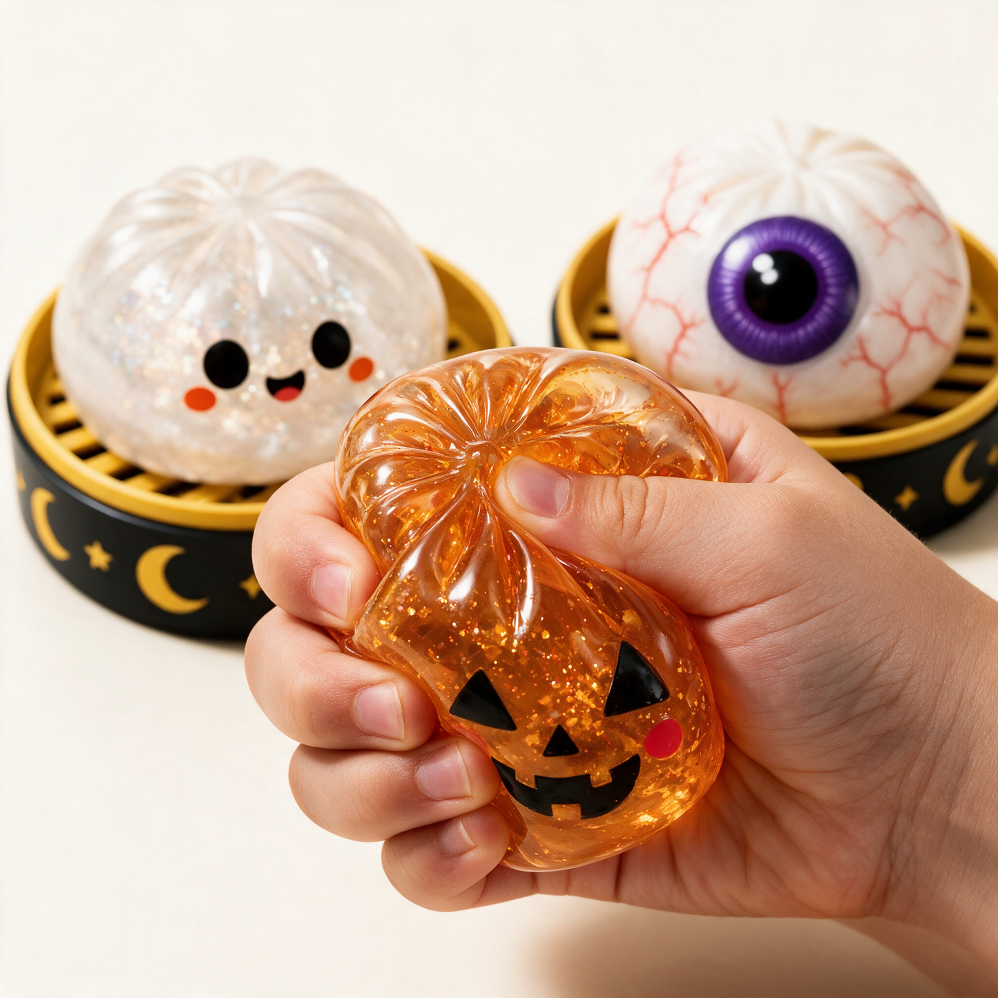 Child squeezing the SpookySquish glitter pumpkin squishy