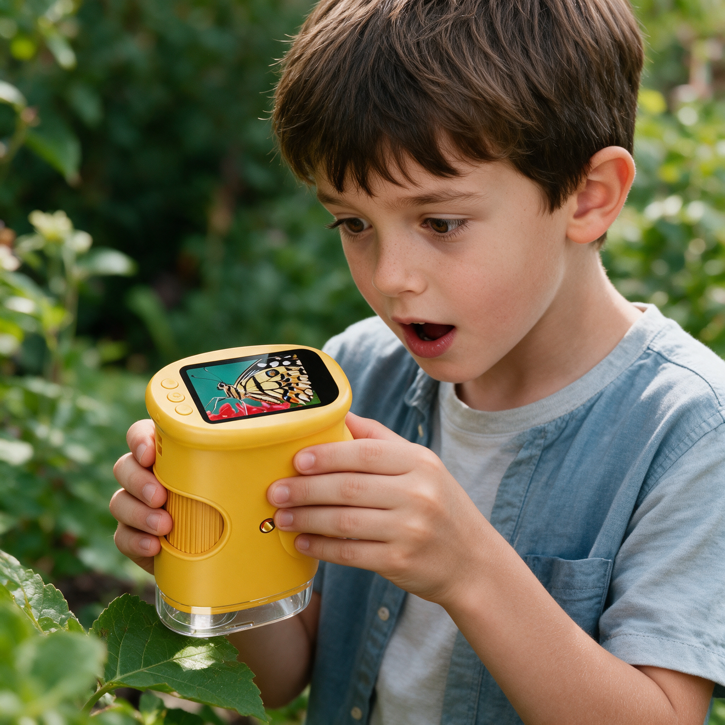 Boy in the garden using the MicroExplorer microscope