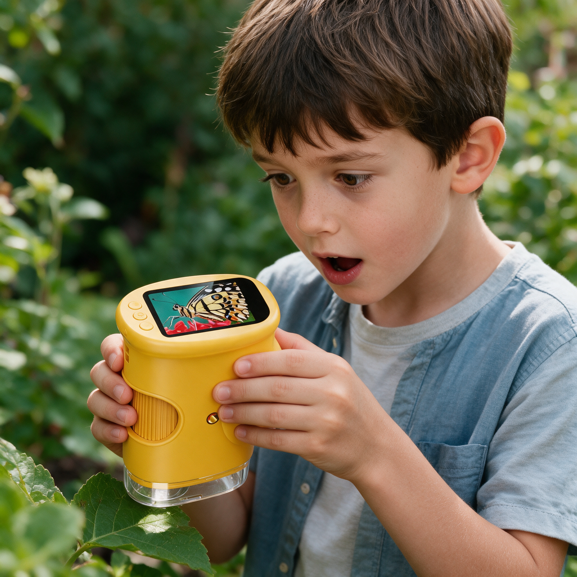 Boy in the garden using the MicroExplorer microscope