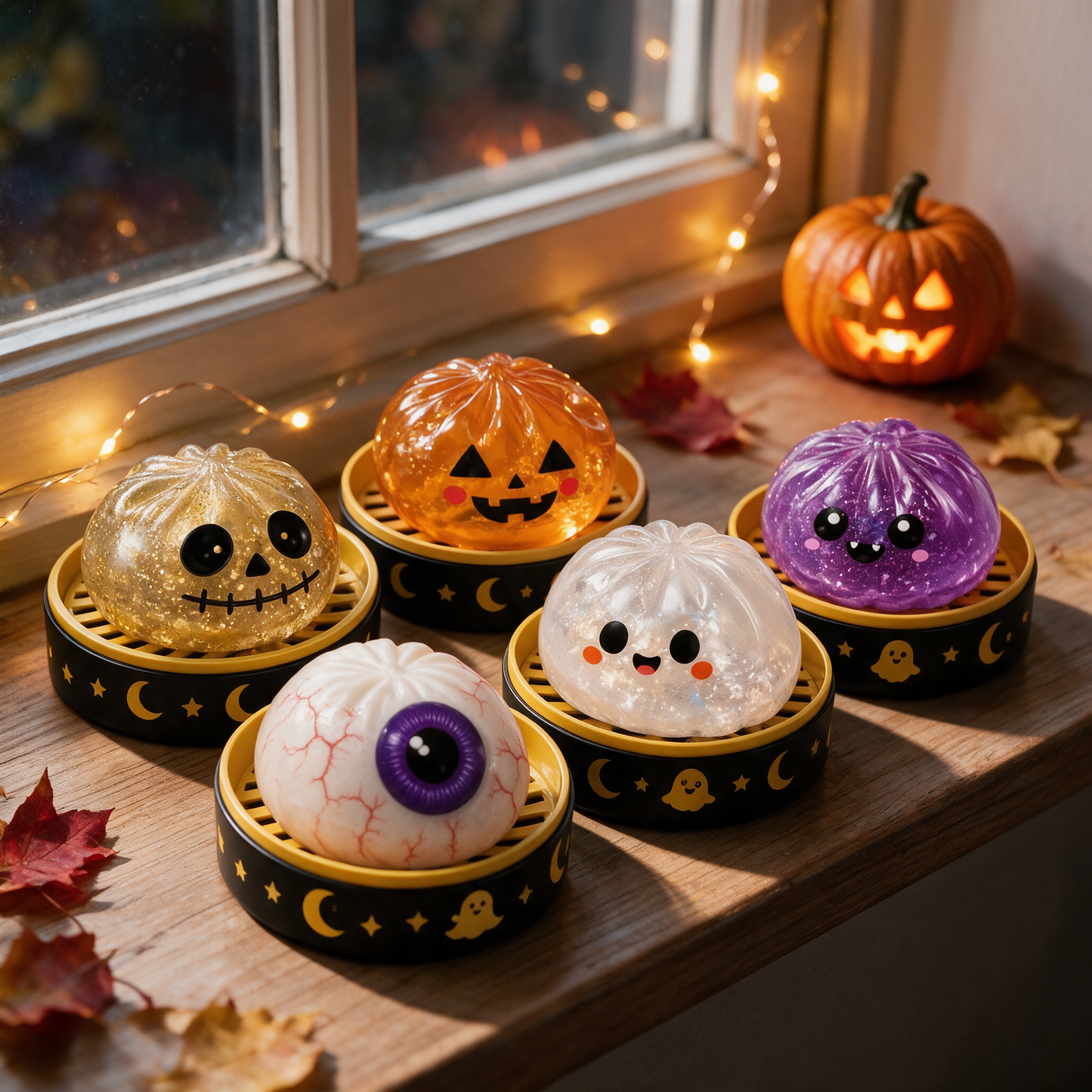 SpookySquish squishies on a windowsill with fairy lights and a pumpkin