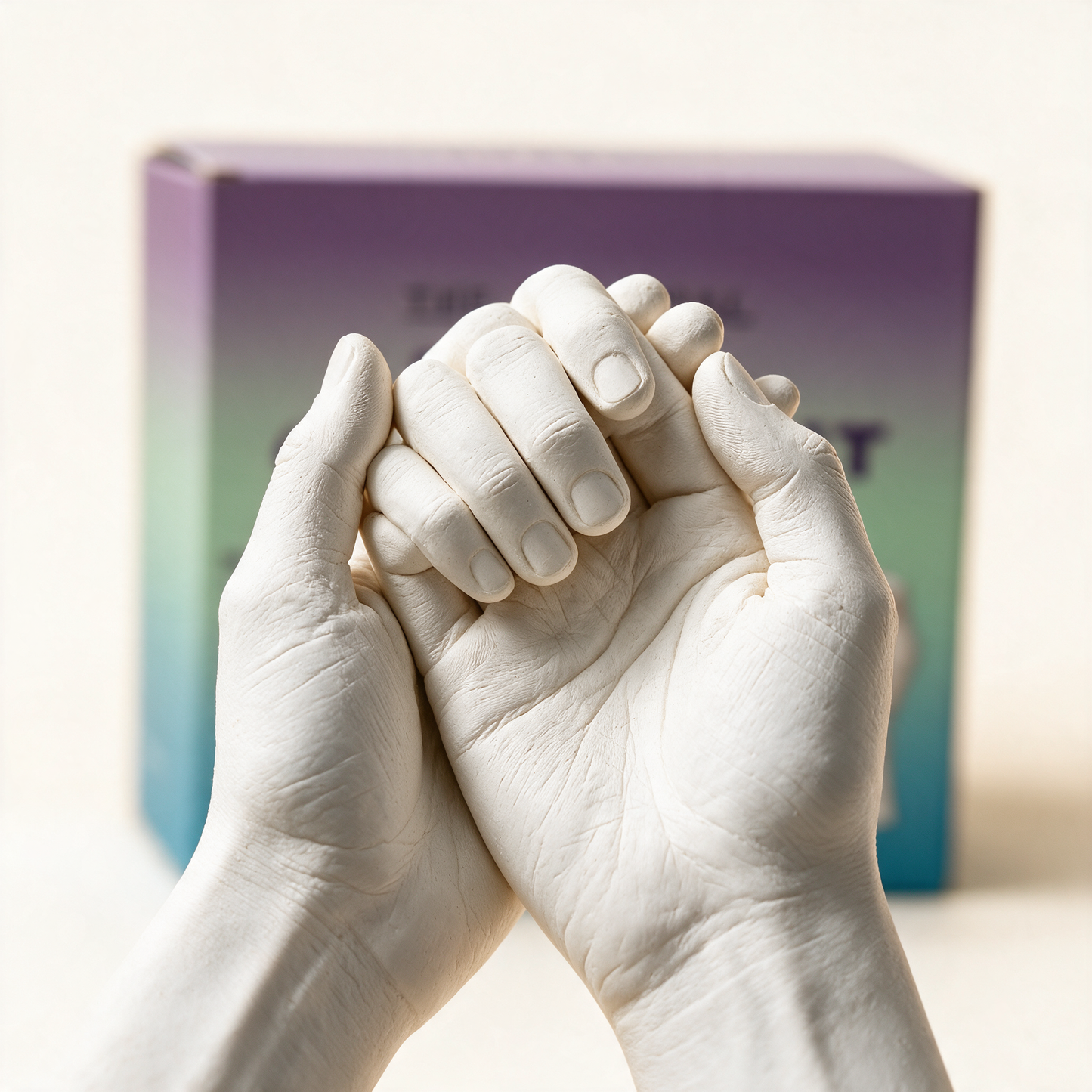Close-up of a finished KeepsakeCast plaster hand sculpture
