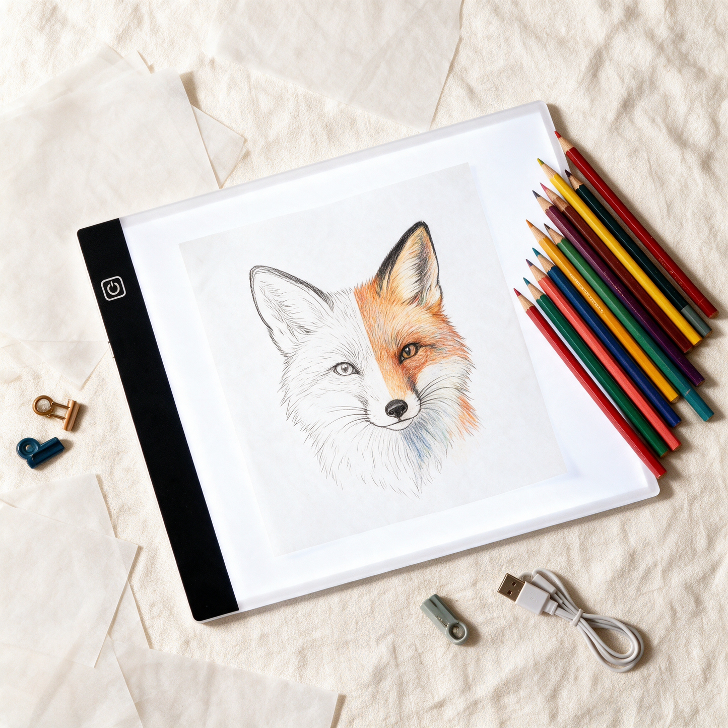 GlowTrace kit flat lay with fox drawing, pencils and sheets