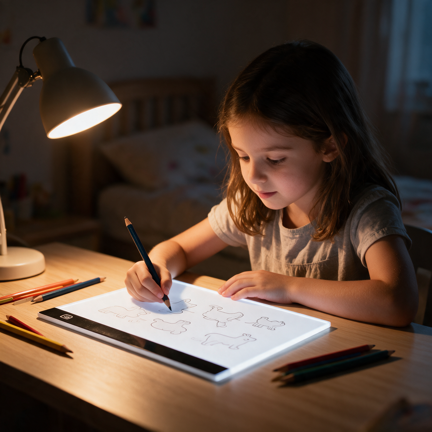 Girl drawing at her desk in the evening with the GlowTrace pad
