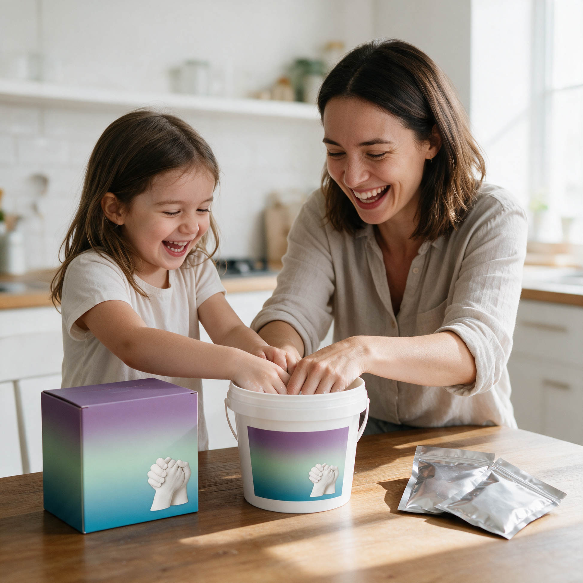 Mother and daughter making a hand mould with the KeepsakeCast kit