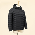 WarmCore heated jacket, black quilted hooded puffer