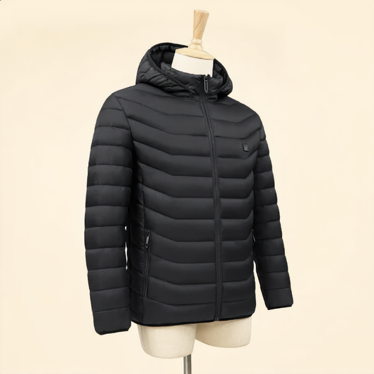 WarmCore heated jacket, black quilted hooded puffer
