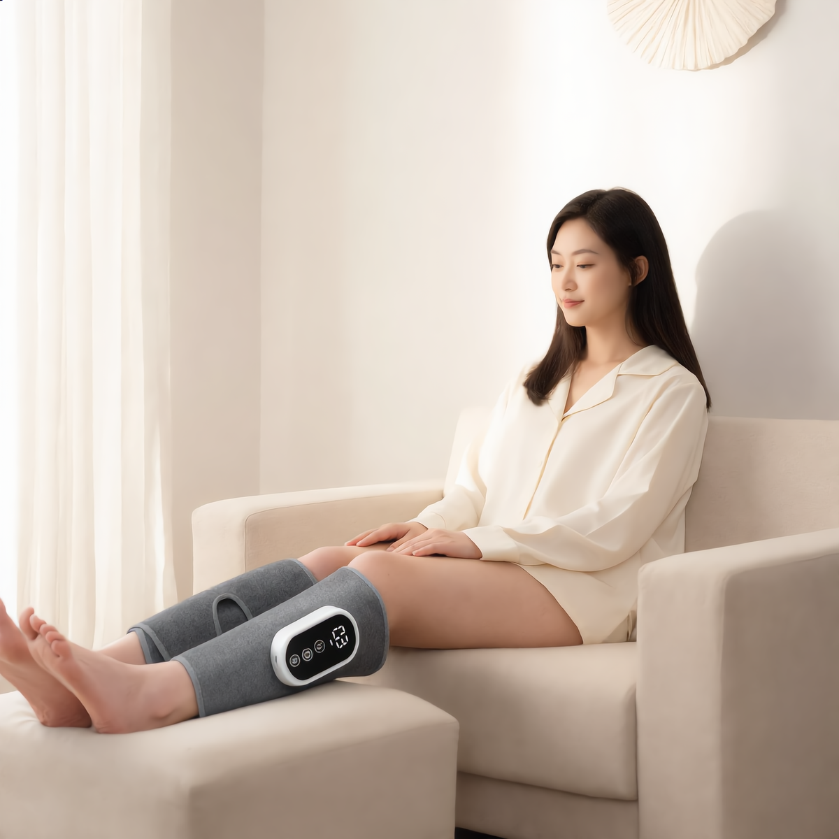 Woman relaxing on a sofa wearing the calf massagers