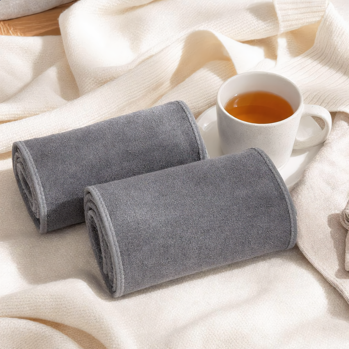 Rolled calf massagers on a cream knitted throw