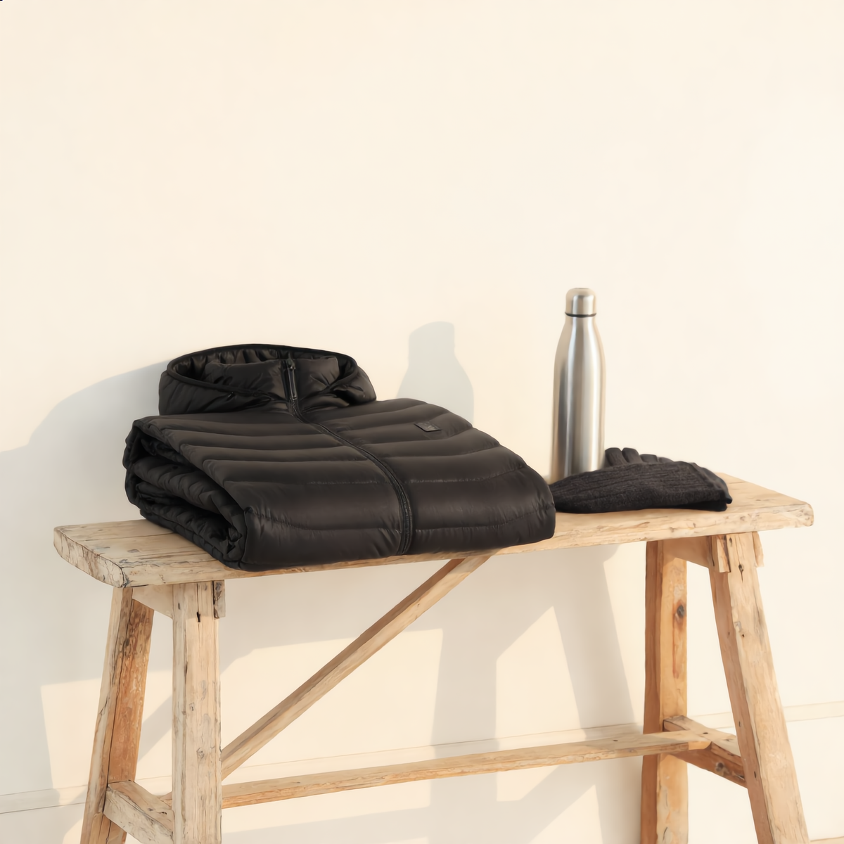 Heated jacket folded on a wooden bench with a flask