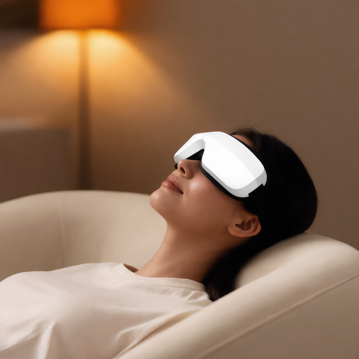 Woman reclining in an armchair wearing the eye massager