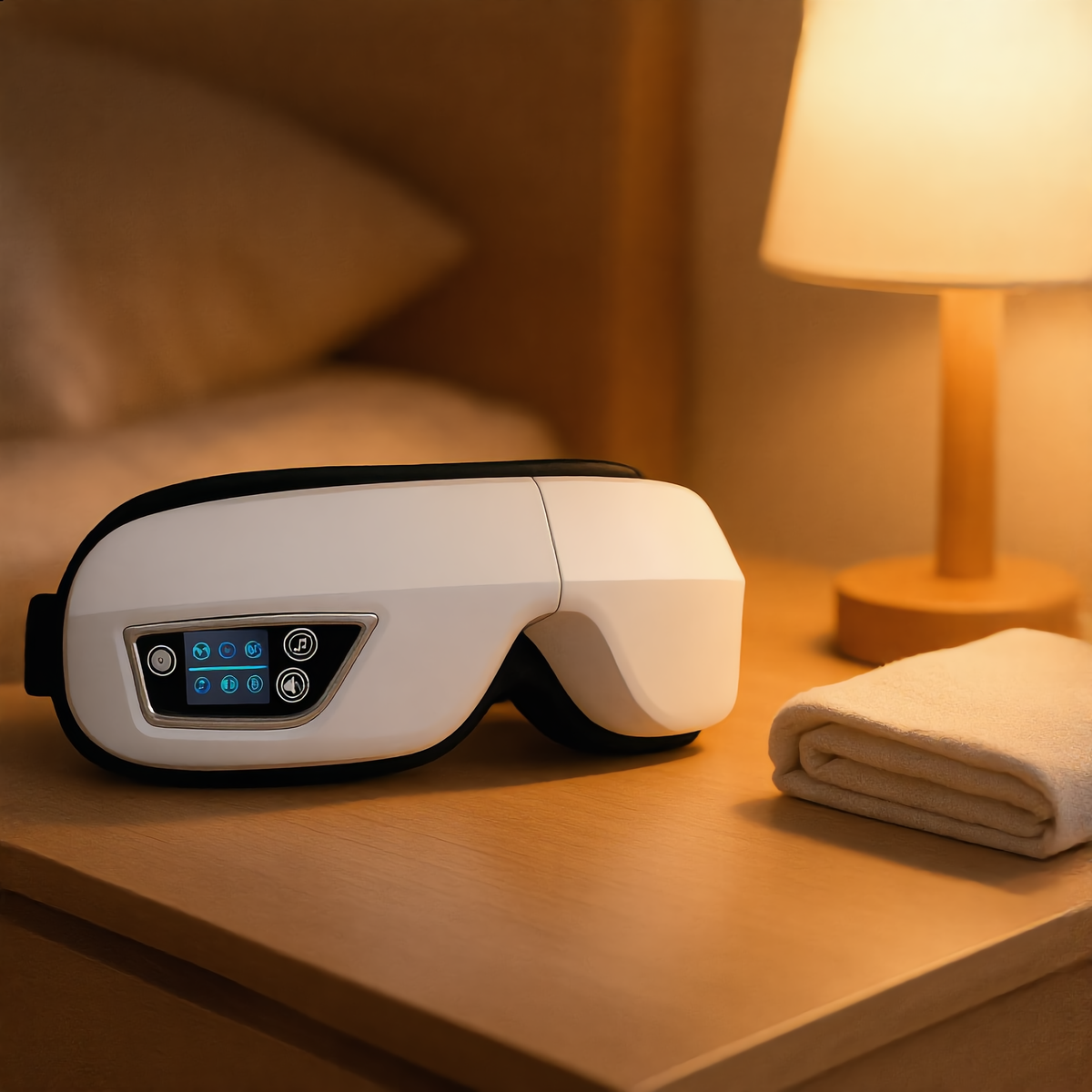 Eye massager on a bedside table beside a warm lamp