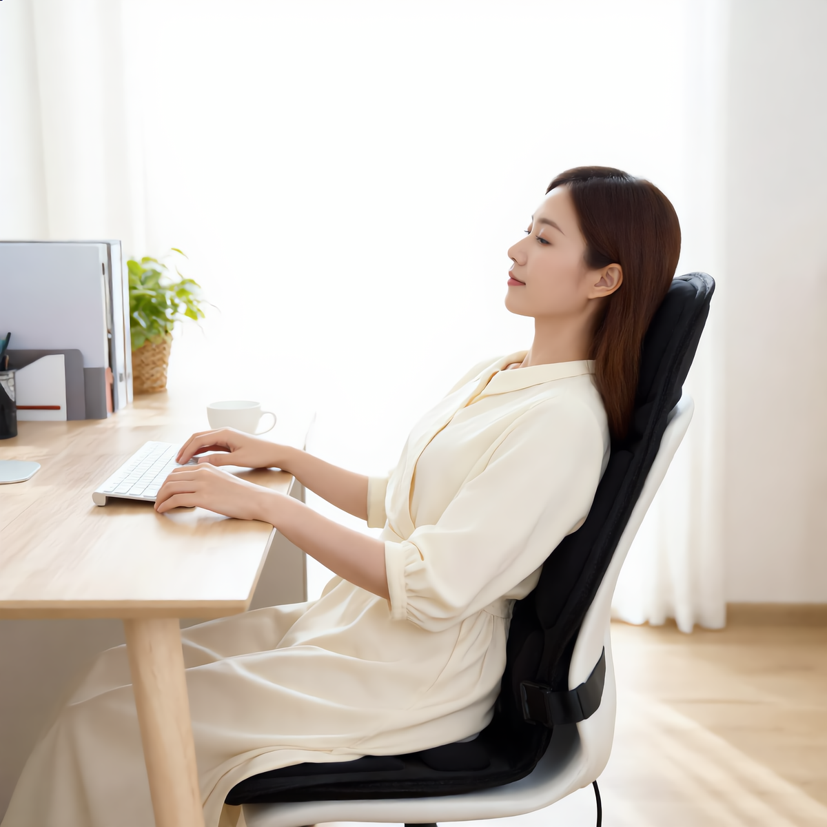 Woman at a desk using the massage cushion on her office chair