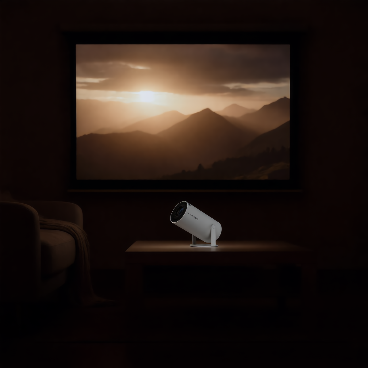 Projector casting a large picture onto a living room wall at night