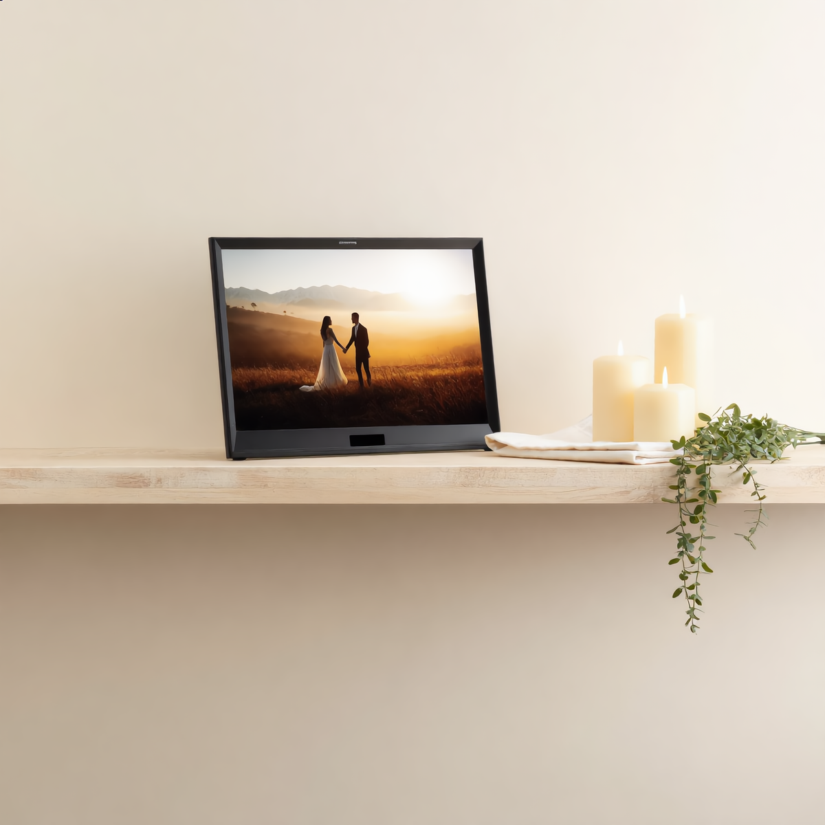 Photo frame on a shelf with a candle and a plant