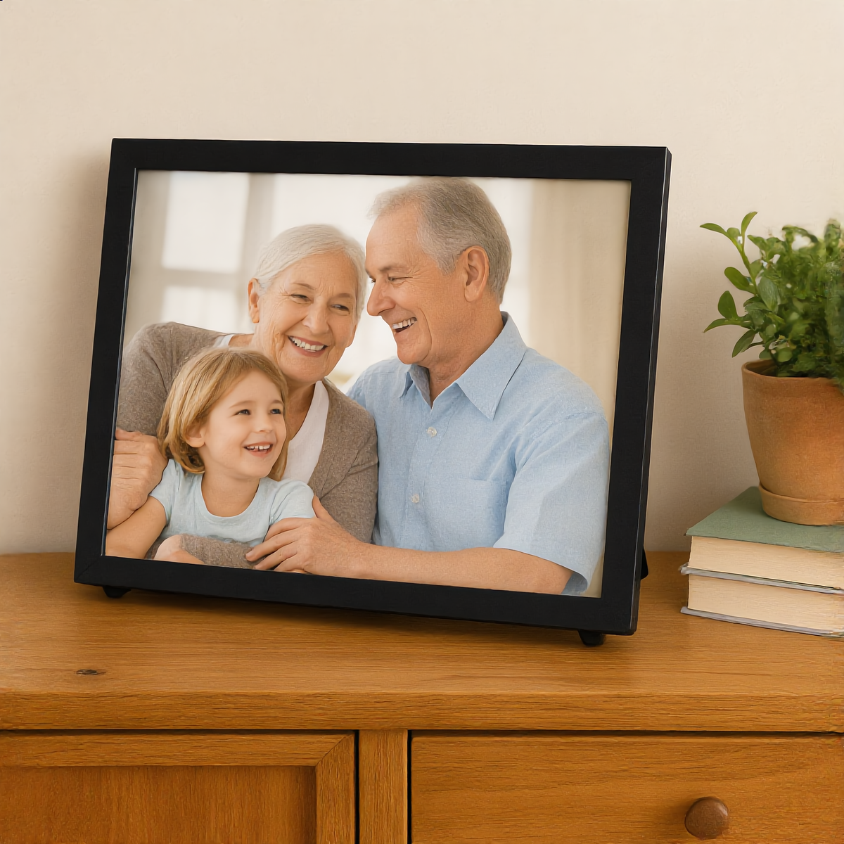 Digital photo frame on a sideboard in a living room