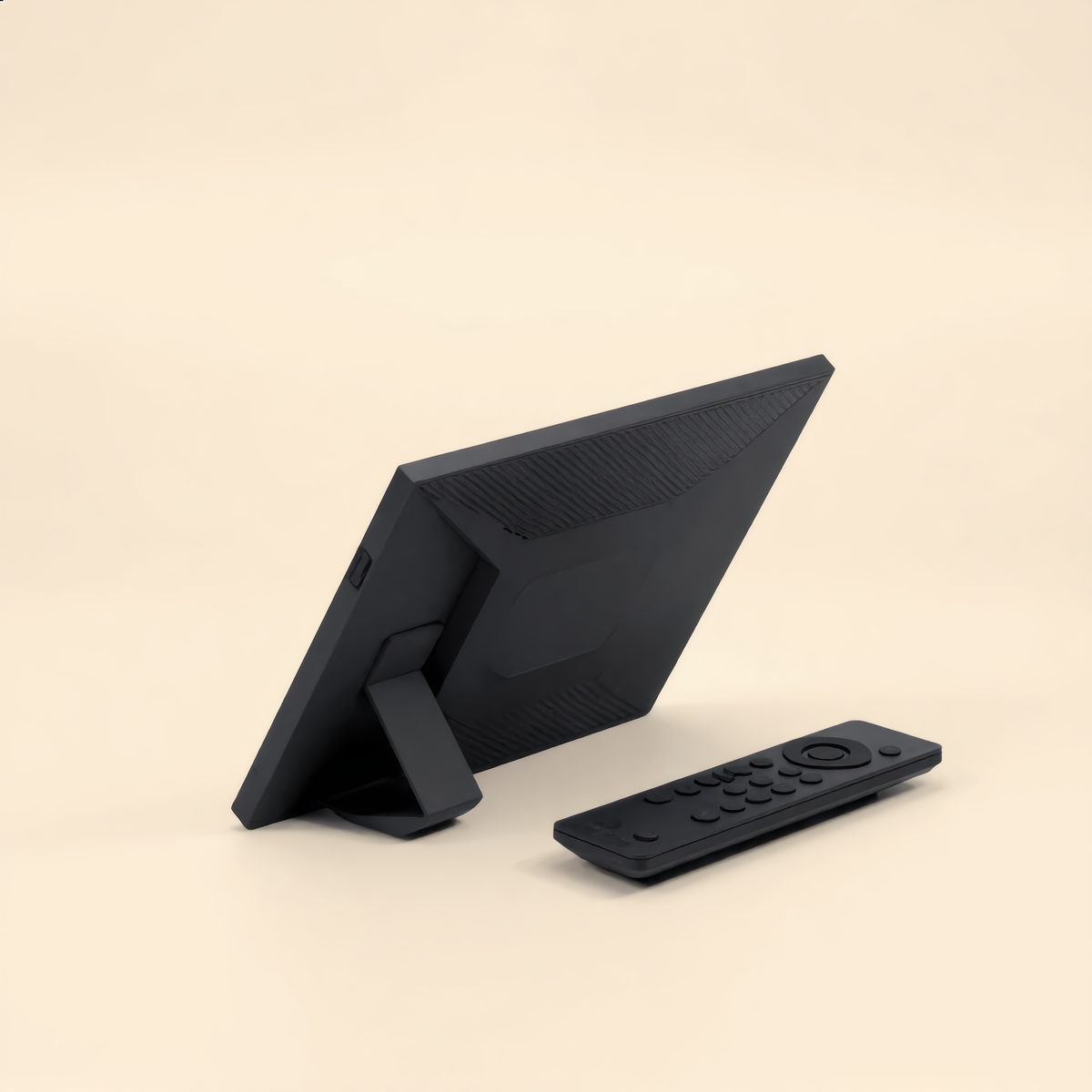 Back of the photo frame with fold-out stand and remote