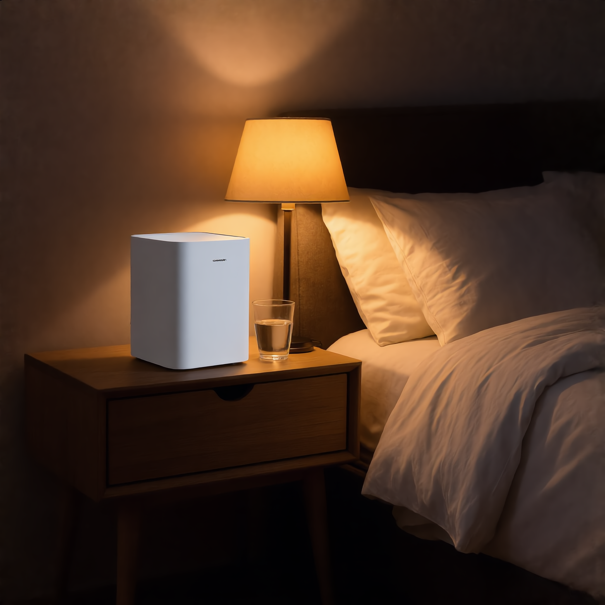 Air purifier on a bedside table at night