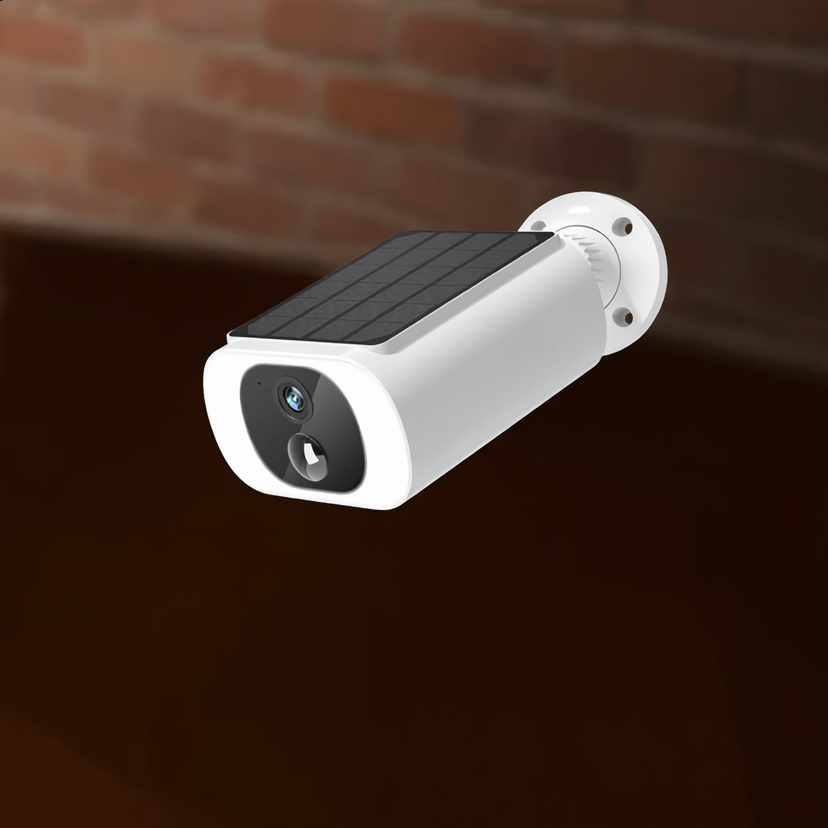 Security camera mounted on a brick house wall