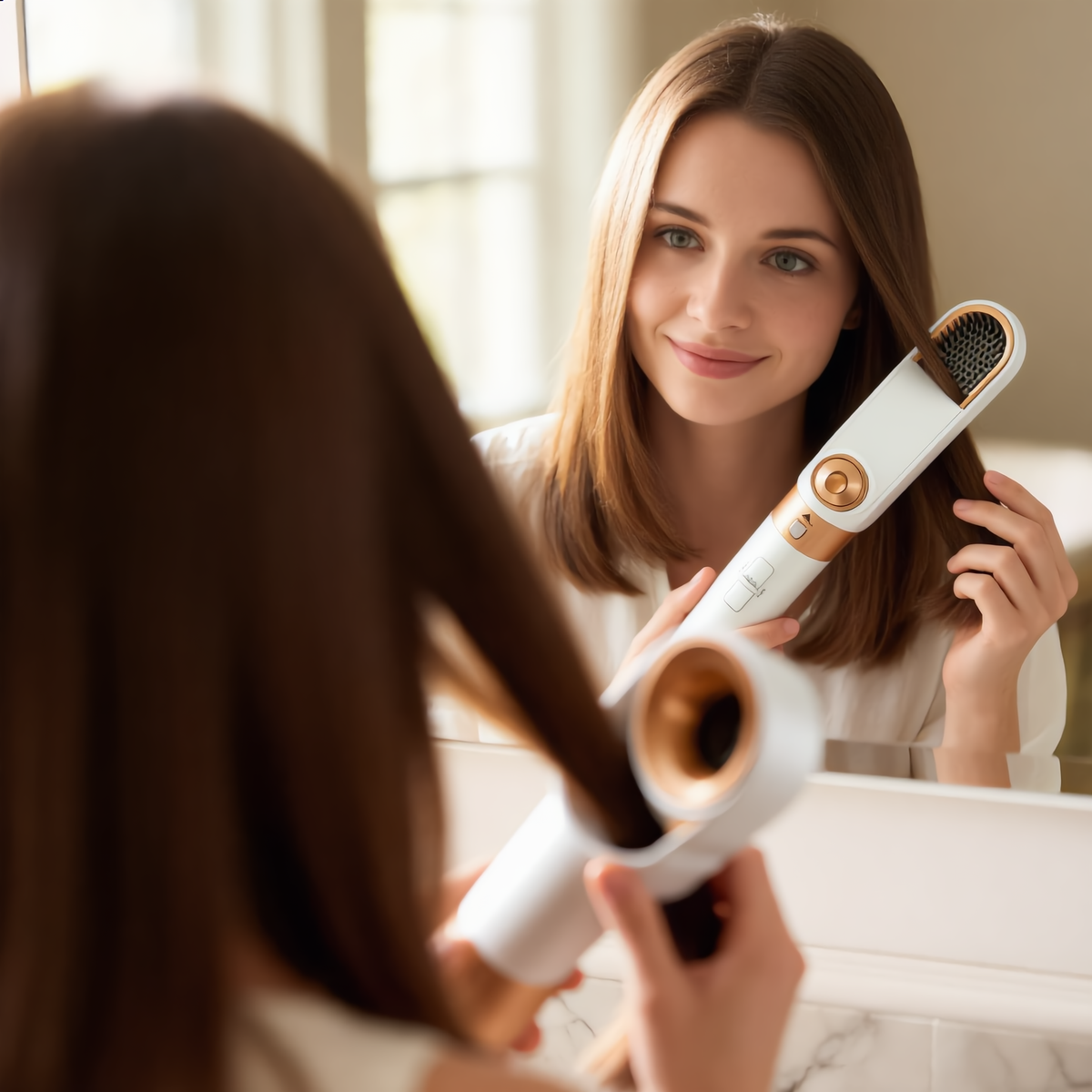 Woman styling her hair with the hot air styler