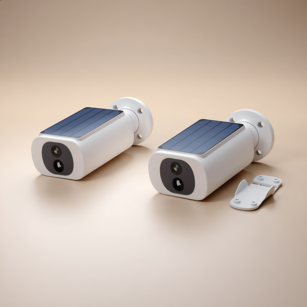 Two solar security cameras with mounting bracket and screws