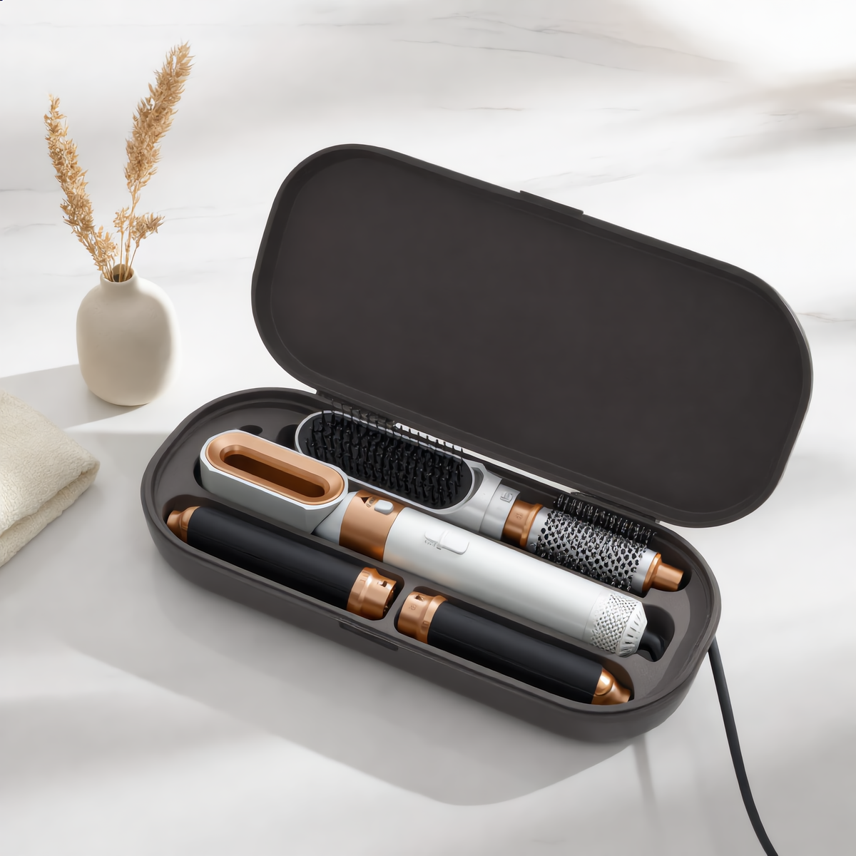 Styler set packed in its open storage case